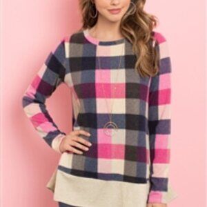 Tunic Top with Slit Hemline Pink and Black Plaid Size Small